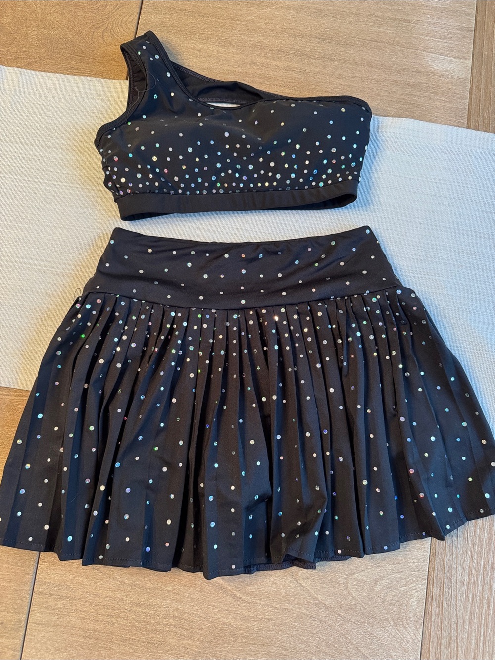 Girls' Black Sparkle Dance Set - One-Shoulder Top & Skirt w/ shorts under